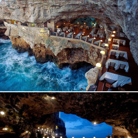 1. Ristorante Grotta Palazzese (Puglia, Itálie). Najezte se v jeskyni nad hladinou moře.