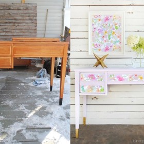 1. Starožitný šicí stolek dostal zcela nový vzhled díky růžové barvě, květinové tapetě a zlatým akcentům.