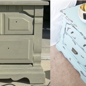 5. Tento noční stolek byl naopak záměrně upraven tak, aby vypadal oprýskaně. Jak na to? Nábytek natřete, nechte barvu uschnout, vezměte do ruky smirkový papír a... ničte!