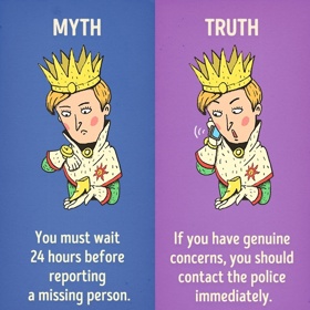 5. Mýtus: Než nahlásíte zmizení nějaké osoby, musíte čekat 24 hodin. Skutečnost: Pokud máte odůvodněné obavy, můžete policii klidně volat hned.