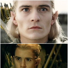 1. Hobbit a Pán prstenů. Legolas má v těchto trilogiích odlišnou barvu očí.