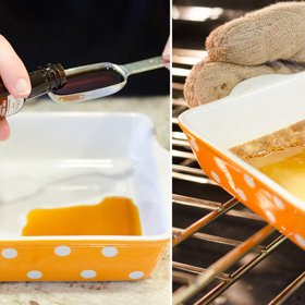 5. Nalijte do pečící misky 2 lžíce vanilkového extraktu a na 20 minut ji dejte do trouby rozpálené na 150 °C.