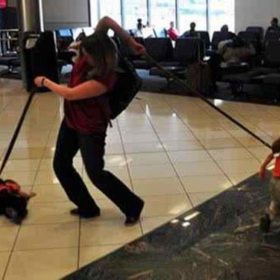 Tato matka si zřejmě myslela, že pokud budou děti na vodítku, všechno se zjednoduší...