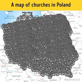 3. Z této mapy pochopí každý, nakolik nábožensky založené Polsko je. Symboly znázorňují výskyt kostelů.