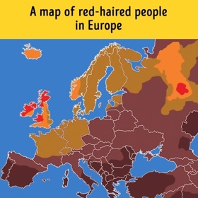 4. Rusovlasí lidé patří ke stále větším raritám a tato mapa to dokazuje. Červená barva znázorňuje největší koncentraci, tmavě hnědá nejmenší.