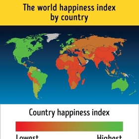 5. Kde žijí nejšťastnější lidé světa? Najdete je pod zelenou barvou. Ty nejnespokojenější obyvatele znázorňuje červená barva.