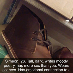 2. „Simeon, 26. Vysoký, tmavý typ, píše zádumčivou poezii, má sex častěji než vy. Nosí šálu. Má emocionální vazbu ke kapele, kterou ,objevil‘.“