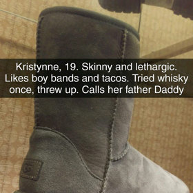 3. „Kristynne, 19. Hubená a otupělá. Má ráda chlapecké kapely a tacos. Jednou zkusila whisky a vylila ji. Svému otci říká ,taťko‘.“