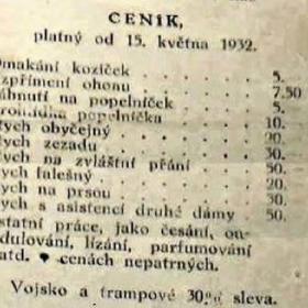 Ceník služeb z roku 1932