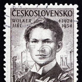 Poštovní známka s Jiřím Wolkerem z roku 1954.