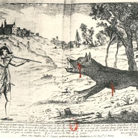 Poslední minuty života Gévaudanské bestie na dobové kresbě.