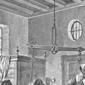 Krásná germánská žena klečící před zlovolným soudem, kde musí absolvovat ponižující vážení, neboť se věřilo, že čarodějnice neváží nic. Himmler byl obdivovatelem údajných čarodějnic, neboť je považoval za nositelky starodávného árijského náboženství.