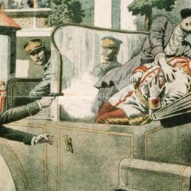 Vyobrazení střelby na následníka trůnu Františka Ferdinanda.