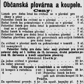 Občanská plovárna, ceník 1880.