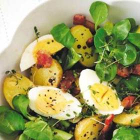 Salát z nových brambor:

Suroviny:

8 menších nových brambor
1 svazek ředkviček
200 g zelených fazolek
1 balení polníčku.

Na zálivku:

5 lžic olivového oleje
2 lžíce vlažné vody
2 lžičky vinného octa
2 lžičky dijonské hořčice
2 lžičky hrubozrnné hořčice
nasekaná pažitka
sůl, pepř.

Postup:

Nejprve si omyjeme brambory a uvaříme je i se slupkou.
Ke konci varu brambor si dáme vařit i fazolky, těm stačí zhruba 5 minut.
Mezitím si omyjeme polníček a ředkvičky a ty pak nakrájíme na plátky.
Přendáme do mísy a připravíme si zálivku tak, že smícháme všechny na ní potřebné ingredience.
Bramborový salát můžete podávat buď teplý, nebo počkat, až brambory a fazolky vystydnou.
Pak už jen stačí promíchat vše dohromady a přelít zálivkou.

