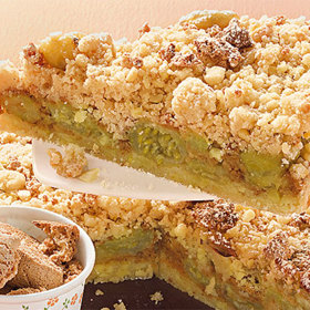 Angreštový koláč:

Suroviny:

200g cukru krystal
125 g másla
200 g hladké mouky
200 ml smetany
2 vejce 
prášek do pečiva
vanilkový cukr
na žmolenku: cukr, máslo, mouka.

Postup:

Z másla a cukru vyšleháme pěnu a postupně do ní přidáme žloutky, pak přisypáváme mouku a přiléváme smetanu. Do hladkého těsta opatrně vmícháme sníh z bílků, do něhož jsme přidali vanilkový cukr.
Dortovou formu vytřeme máslem, vysypeme hrubou moukou a pak naplníme těstem. Koláč posypeme angreštem a žmolenkou a pečeme při 180 °C.