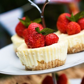 Mini cheesecake:

Suroviny:

130 g máslových sušenek
80 g rozpuštěného másla
360 g sýru Philadelphia (Lučiny)
7 lžic rozpuštěného medu
2 vejce
1/2 kávové lžičky citronové kůry
250 g tvarohu
sezonní ovoce, máta. 

Postup:

Sušenky rozdrtíme v mixéru a přidáme rozpuštěné máslo. Smícháme. Připravíme si formu na muffiny a košíčky. Do košíčků rozdělíme připravenou hmotu a uhladíme. Dáme na 10 minut do lednice.

Mezitím si připravíme sýrovou směs. Vyšleháme sýr Philadephii (Lučinu) s medem. Postupně přidáme vejce, citronovou kůru a na konec tvaroh. Vše prošleháme. 

Směs naplníme do košíčků, uhladíme a dáme péct do předem vyhřáté trouby na 150 °C. Pečeme 18 - 20 minut. Po vyndání z trouby necháme zcela vychladit, poté i s formou přeneseme do lednice, kde necháme alespoň 2 hodiny ztuhnout a vyjmeme z košíčků (nenechávejte v košíčcích přes noc - špatně by se pak odlepovaly!). 