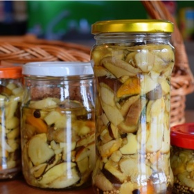 Nakládané houby se solí:

Do sklenic postupně dejte vrstvu hub a tu posypte vrstvou soli. Postup opakujte, dokud není sklenice plná. Používaná sůl by se měla nejprve krátce vypéct v troubě. Zavřené sklenice několikrát zavařte. Při použití v kuchyni mějte na paměti, že takto zavařené houby jsou velmi slané a připravovaný pokrm se tedy nemusí vůbec solit.