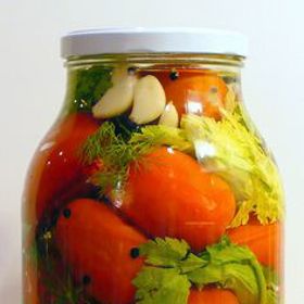 Kvašená rajčata:

Suroviny:

listy višní a rybízu
česnek
rajčata
celý pepř
solný roztok.

Postup:

Na dno třílitrové sklenice dáme listy višní a rybízu, dva stroužky česneku a vrstvu rajčat. Vše opakujeme, až je sklenice do 2/3 plná. Ke každé vrstvě také přidáme pár kuliček pepře. Vše zalijeme solným roztokem (asi sedmiprocentním) a necháme v teplejší místnosti kvasit. Podle potřeby doléváme solný roztok. Zhruba po 10 dnech přejde bouřlivé kvašení, pak nádobu uložíme v chladné místnosti.