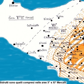 Mapa postiženého území s vyznačením intenzity otřesů.