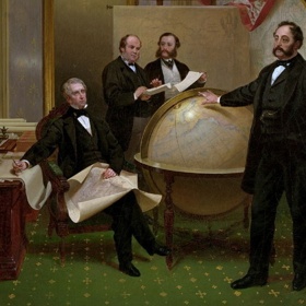 Podpisu Aljašské smlouvy se v New Yorku účastnili třeba R. S. Chew, americký ministr zahraničí, který sedí s mapou na kolenou, a ruský velvyslanec Baron de Stoeckl opírající se o globus.