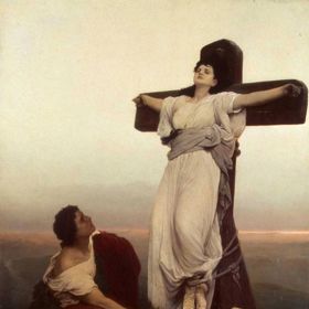 Ukřižování svaté Julie se svázanými nohami.