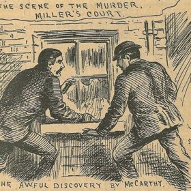 Policejní skica zobrazující objevení těla Mary Jane Kelly.