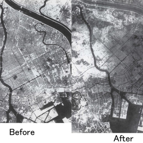 Pohled na Tokio před a po bombardování.

