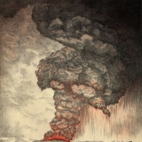 Dobová litografie exploze sopky Krakatoa.