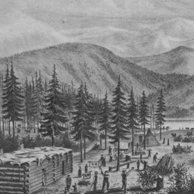 Takto měl, dle přeživšího Williama Gravese, vypadat tábor Donnerovy výpravy u jezera Truckee.