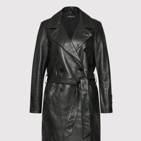 Černý kabát v koženém designu pro přechodné období. Modivo, 12 049 Kč