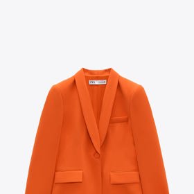 Oranžové sako se šálovým límcem a dlouhým rukávem. ZARA, 1799 Kč