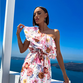 Krémové květinové šaty s volánky. Erika FASHION, 690 Kč