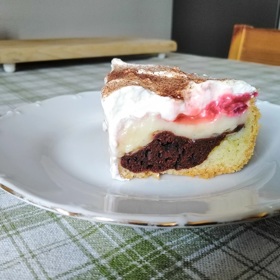 Takto vypadá propadlá pudinková buchta s jahodami na řezu. 