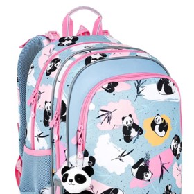 Dvoukomorový batoh ELLY na první stupeň ZŠ s pandím potiskem a plyšovým přívěskem s pandou. Topgal, 1899 Kč