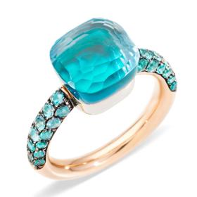 Prsten Nudo Deep Blue ze 14kt růžového zlata s topazem sky, achátem a dalšími 38 topazy. Cena začíná na 85 050 Kč.