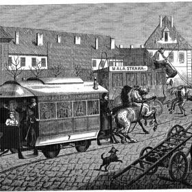 Takto vypadala koněsprežná tramvaj, která jezdila po pražských ulicích v roce 1876. Do příchodu prvních autobusů je ještě daleko...