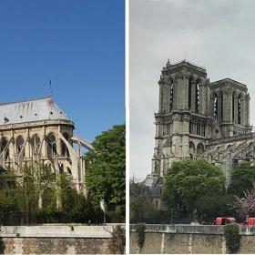 Pohled na katedrálu Notre-Dame před a po požáru.