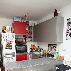 Kuchyň je vyvedena v šedo-bílé barvě, nechybí ovšem červený prvek.