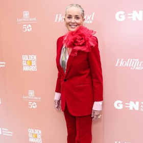 Sharon Stone zářila nejen výrazným odstínem, ale především obřím látkovým květem, který zdobil její rameno.