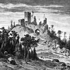 Kresba zříceniny hradu na přelomu 19. a 20. století.