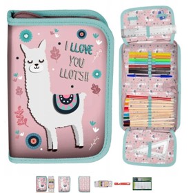 Jednokomorový penál Lama se dvěma chlopněmi s vybavením (7 tužek, 9 pastelek, guma, pravítko, ořezávátko). Paso, 216 Kč