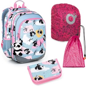 Velký školní set Topgal Elly. Aktovka, penál, pytlík na přezůvky a pláštěnka za 2 279 Kč.