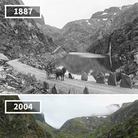 2. Seljestadjuvet, Odda, Norsko, 1887–2004. Koňská spřežení bychom na tomto místě pohledali už jen těžko. Zato motorová vozidla nikoliv.