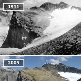 6. Ledovec Chaney, USA, 1911–2005. Odvrácená strana pokroku je krásně vidět na této fotografii. Ledovec za téměř sto let výrazně ustoupil.