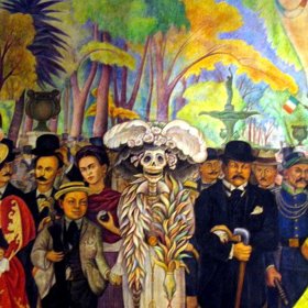 Symbolem mexického Dne mrtvých se stala smrtky „Catrina“, kterou proslavil známý mexický muralista Diego Rivera ve svém díle Sen nedělního odpoledne v Alameda Central. Zde vidíme detail malby.
