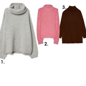 1. Žebrovaný svetr s rolákem, H&M, 999 Kč, 2. Oversize svetr s vysokým límcem, Bershka, 699 Kč, 3. Svetr s polo límečkem, Stradivarius, 699 Kč