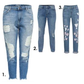 1. Boyfriend džíny, Only, 1 300 Kč, 2. Boyfriend džíny s potrhaným efektem VERO MODA, 1 349 Kč, 3. Džíny se zničenými efekty, Bonprix.cz, 399 Kč