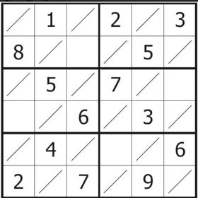 Diagonální sudoku - Do každého prázdného políčka vepište číslici od 1 do 9 tak, aby se v žádném řádku, sloupci ani
ohraničeném čtverci 3x3 žádné z čísel 1-9 neopakovalo. Čísla se navíc nesmí opakovat ani na žádné ze
dvou hlavních diagonál.