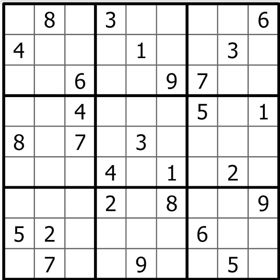 Polomozaikové sudoku - Do každého prázdného políčka vepište jednu nebo dvě číslice od 1 do 9 tak, aby se v žádném řádku,
sloupci ani ohraničeném čtverci 2x3 žádné z čísel 1-9 neopakovalo. Políčka rozdělená úhlopříčkou
musí obsahovat dvě čísla, přičemž menší z nich se nachází v levém horním rohu.